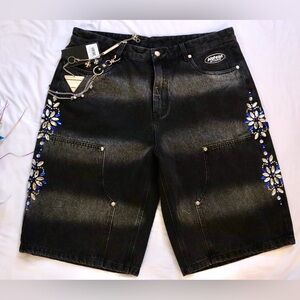 Watson STUDIOS Black Denim Shorts with Blue and White Floral Embellishments NWT